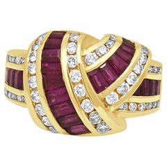 14K Yellow Gold Baguette Cut Ruby and Round Diamond Crossover Ring