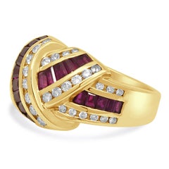 14K Yellow Gold Baguette Cut Ruby and Round Diamond Crossover Ring