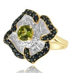 14K Yellow Gold Peridot, Blue Sapphire, and Diamond Flower Ring
