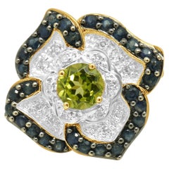 14K Yellow Gold Peridot, Blue Sapphire, and Diamond Flower Ring