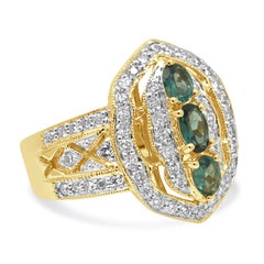 14K Yellow Gold Oval Cut Alexandrite and Round Diamond Ornate Halo Ring