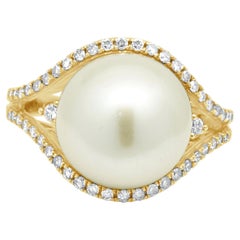 14K Yellow Gold Pearl and Round Diamond Ring