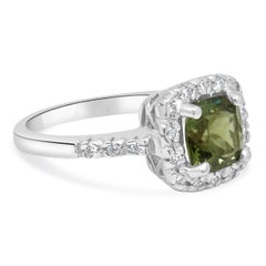 14K White Gold Cushion Cut Green Tourmaline and Round Diamond Halo Ring