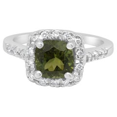 14K White Gold Cushion Cut Green Tourmaline and Round Diamond Halo Ring