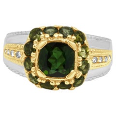 14K Two-Tone White and Yellow Gold Green Tourmaline and Round Diamond Halo Ring