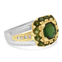 14K Two-Tone White and Yellow Gold Green Tourmaline and Round Diamond Halo Ring