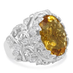 14K White Gold Oval Checkerboard Cut Citrine and Round Diamond Vine Ring