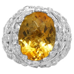 14K White Gold Oval Checkerboard Cut Citrine and Round Diamond Vine Ring