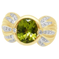 14K Yellow Gold Round Peridot and Round Diamond Cocktail Ring
