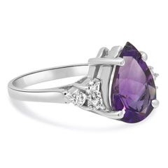 14K White Gold Pear Cut Amethyst and Round Diamond Accent Ring