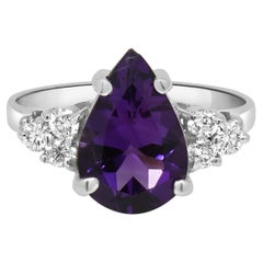 14K White Gold Pear Cut Amethyst and Round Diamond Accent Ring