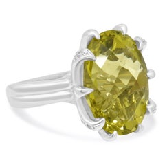 14K White Gold 10-Prong Set Oval Checkerboard Cut Lemon Quartz and Round Diamond