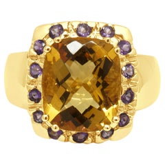 14K Yellow Gold Checkerboard Cushion Cut Citrine and Round Amethyst Halo Ring