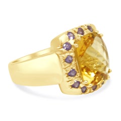 14K Yellow Gold Checkerboard Cushion Cut Citrine and Round Amethyst Halo Ring