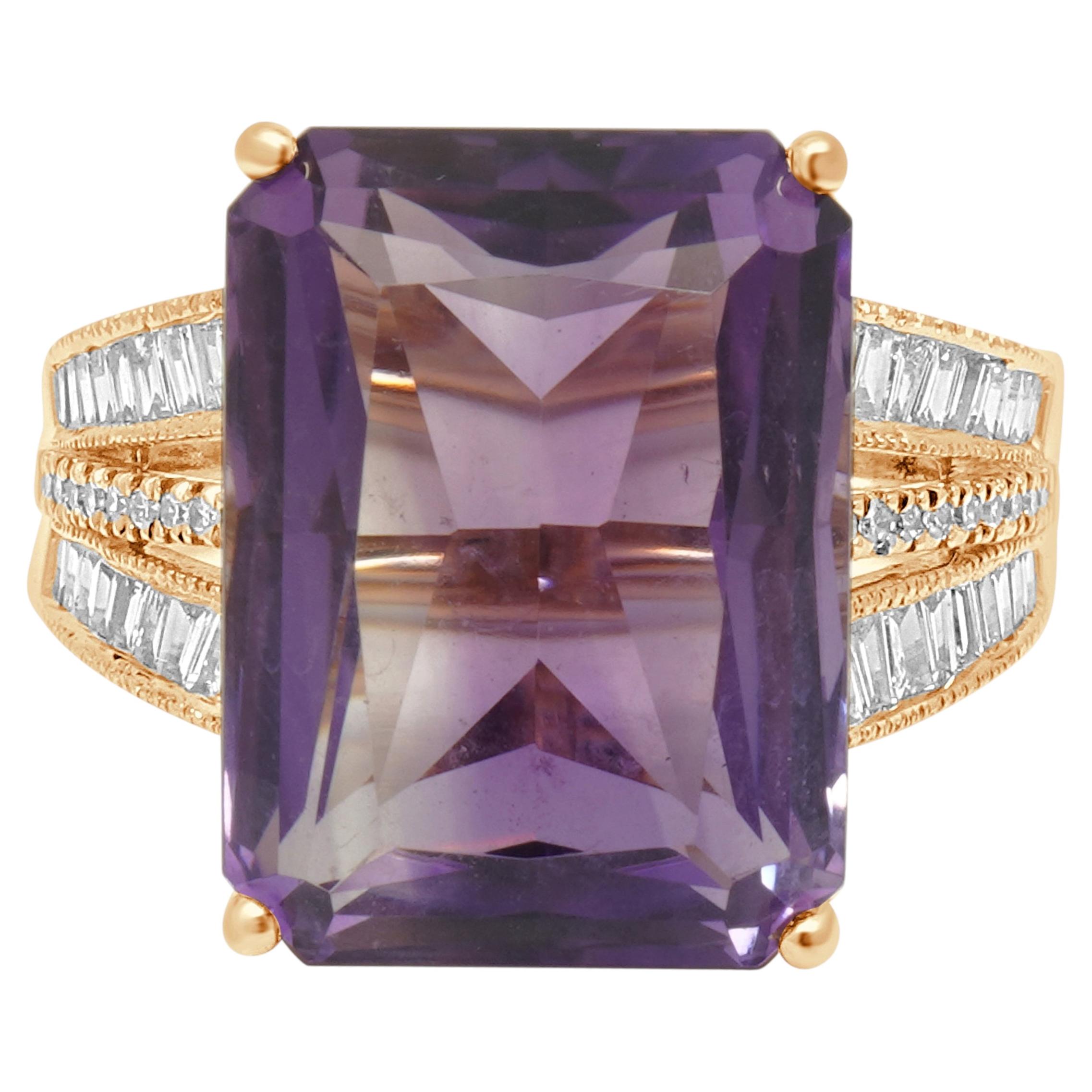 Pre-owned Effy 14k Rose Gold Emerald Cut Amethyst And Diamond Ring In Red