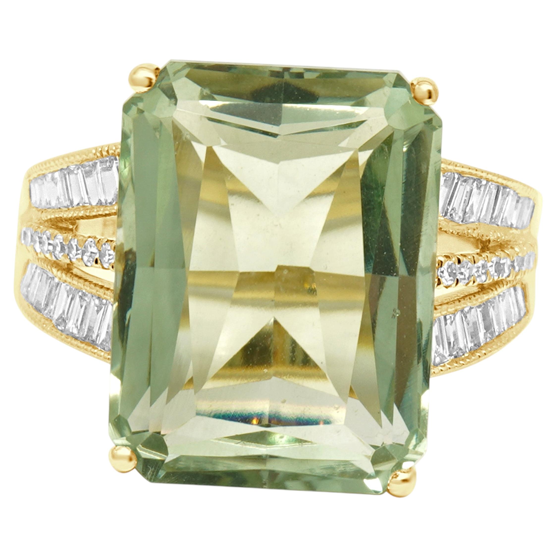 Pre-owned Effy 14k Yellow Gold Emerald Cut Praisiolite And Diamond Split Shank Ring