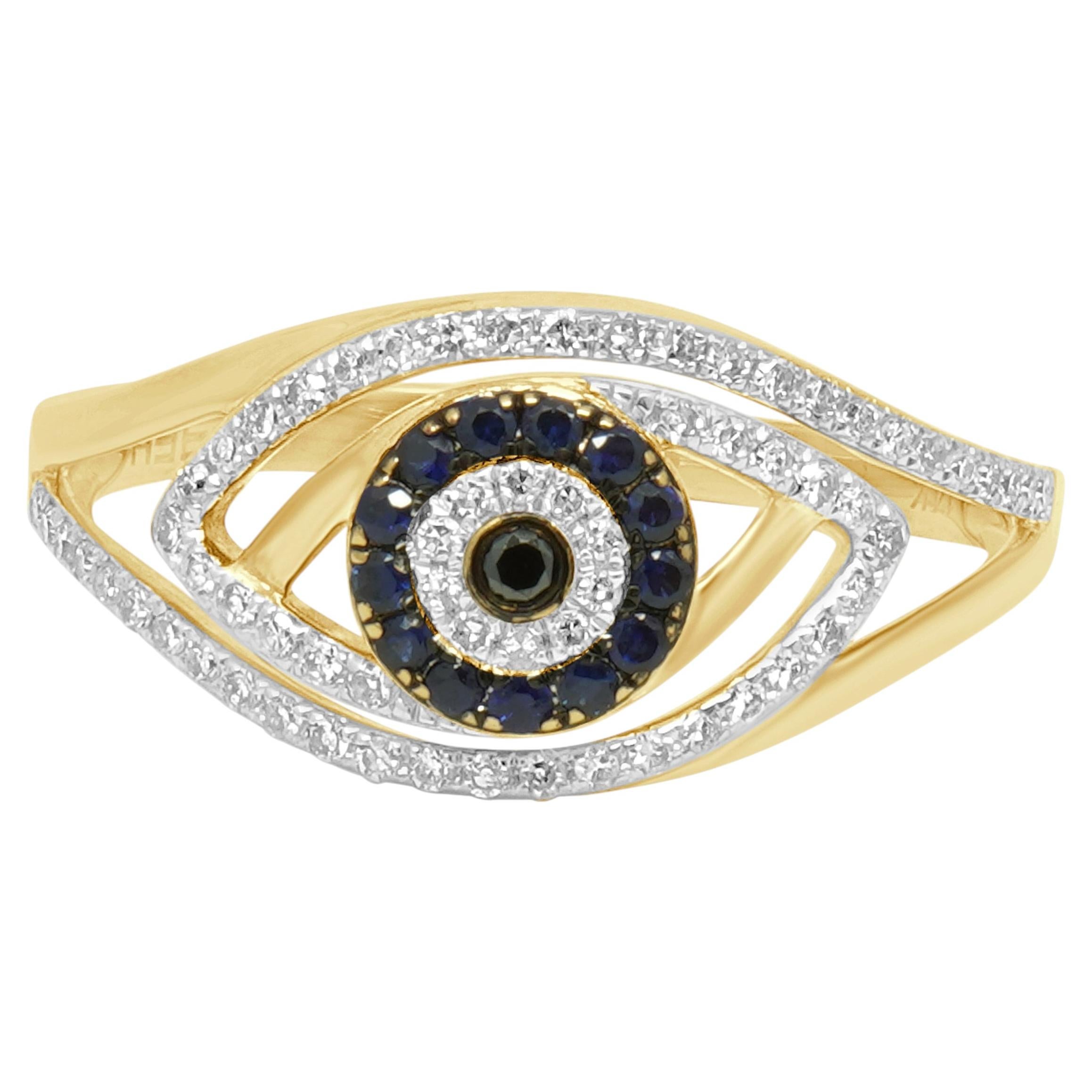 Pre-owned Effy 14k Yellow Gold Round Blue Sapphire And Round Diamond Evil Eye Ring