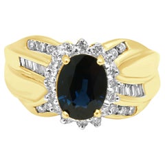14K Yellow Gold Oval Blue Sapphire and Diamond Halo Ring