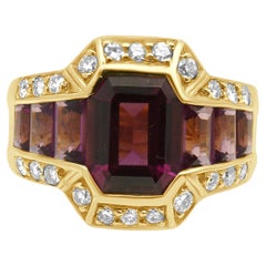 18K Yellow Gold Rhodolite Garnet and Round Diamond Ring