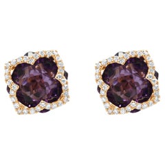 Pendientes EFFY de oro rosa de 14K con amatista de talla cojín y diamantes en forma de cuadrifolio
