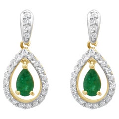 14K Yellow Gold Pear Cut Emerald and Round Diamond Halo Drop Earrings