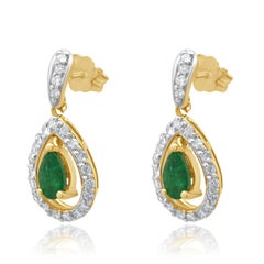 14K Yellow Gold Pear Cut Emerald and Round Diamond Halo Drop Earrings
