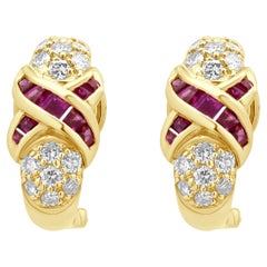 18K Yellow Gold Mixed Cut Ruby and Round Diamond X Crossover Earrings