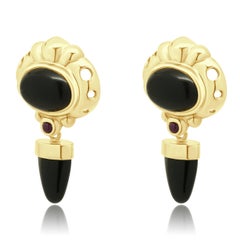 14K Yellow Gold and Onyx Earrings/ Removable Charms, Cabochon Cut Ruby Accent