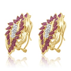 14K Yellow Gold Marquise Cut Ruby and Round Diamond Earrings