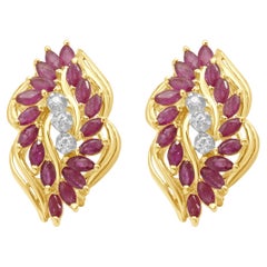 14K Yellow Gold Marquise Cut Ruby and Round Diamond Earrings