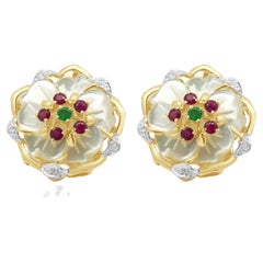 14K Yellow Gold Carved White Mother-of-Pearl, Ruby, and Emerald Flower Earrings