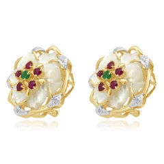 14K Yellow Gold Carved White Mother-of-Pearl, Ruby, and Emerald Flower Earrings