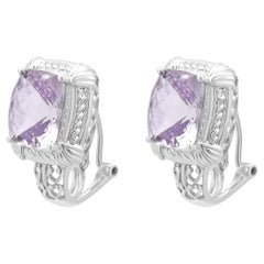 14K White Gold and Faceted Cushion Cut Amethyst Earrings