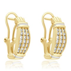 14K Two-Tone Yellow and White Gold Channel Set Round Diamond Curved Earrings