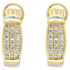 14K Two-Tone Yellow and White Gold Channel Set Round Diamond Curved Earrings