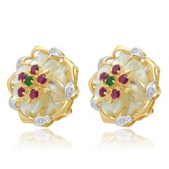 14K Yellow Gold Carved White Mother-of-Pearl, Ruby, and Emerald Flower Earrings