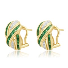 14K Yellow Gold Square Cut Emerald and Diamond Crossover Earrings