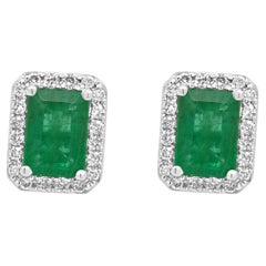 EFFY 14K White Gold Emerald Cut Emerald and Round Diamond Halo Stud Earrings