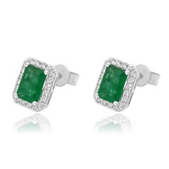 EFFY 14K White Gold Emerald Cut Emerald and Round Diamond Halo Stud Earrings