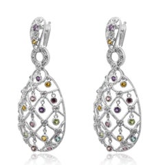 14K White Gold Multi-Color Gemstone and Diamond Chandelier Earrings