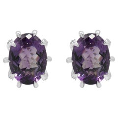 14K White Gold 10-Prong Set Oval Checkerboard Cut Amethyst and Round Diamond Ear