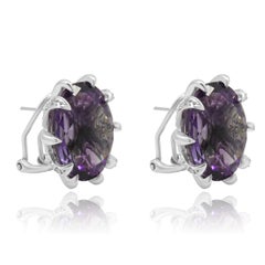 14K White Gold 10-Prong Set Oval Checkerboard Cut Amethyst and Round Diamond Ear