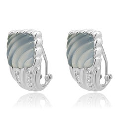 14K White Gold Carved Cabochon Cut Blue Chalcedony and Diamond Earrings