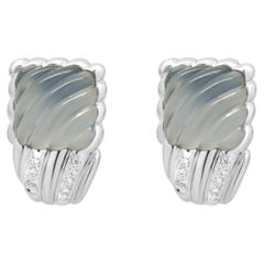 14K White Gold Carved Cabochon Cut Blue Chalcedony and Diamond Earrings