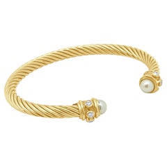 David Yurman 18K Yellow Gold Classic Cablespira Cuff Bracelet, Pearl Endcaps