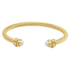 David Yurman 18K Yellow Gold Classic Cablespira Cuff Bracelet, Pearl Endcaps