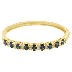 14K Yellow Gold Alternating Oval Blue Sapphire and Round Diamond Hinged Bangle