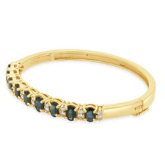 14K Yellow Gold Alternating Oval Blue Sapphire and Round Diamond Hinged Bangle