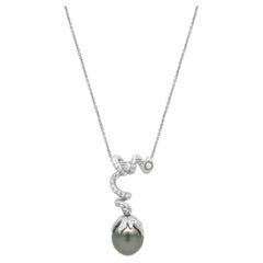 Platinum Tahitian Pearl and Round Diamond Coil Drop Pendant Necklace 16.0"
