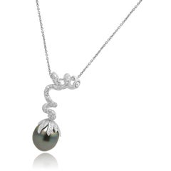Platinum Tahitian Pearl and Round Diamond Coil Drop Pendant Necklace 16.0"